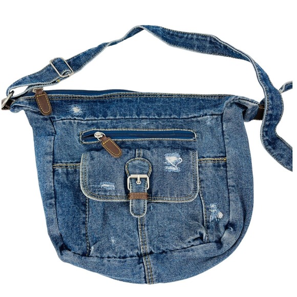 Unbranded Bags Vintage Denim Jean Crossbody Bag Blue Distressed Purse Zip Adjustable Poshmark